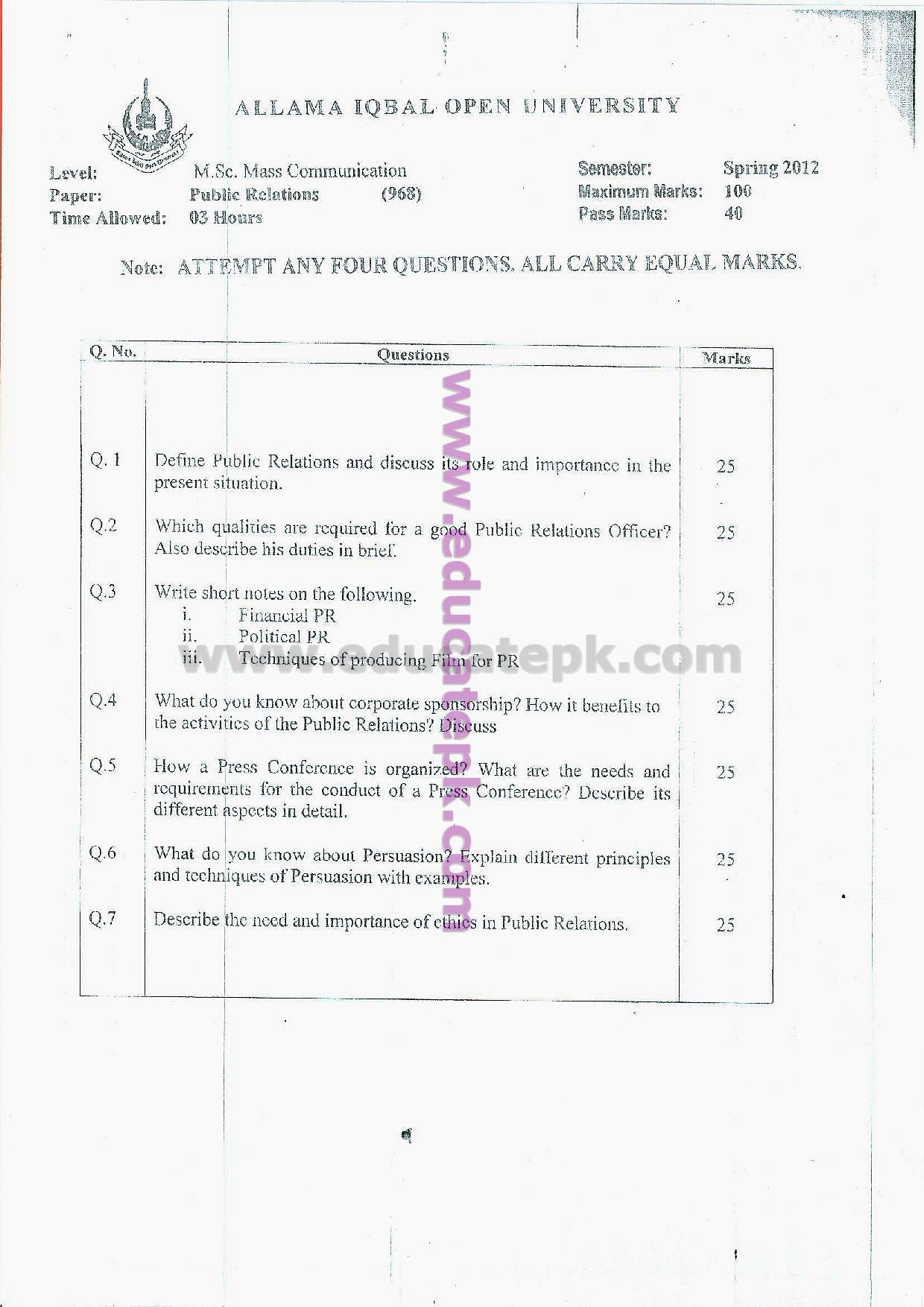 AIOU-Public Relation Past Paper of Spring 2012 Semester