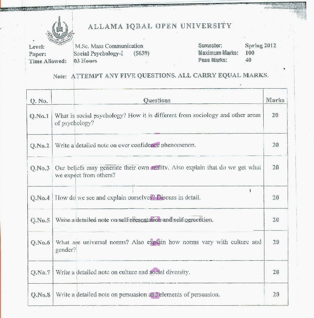 MSc Mass Communication Spring 2012 Social Psychology - I Code 5639